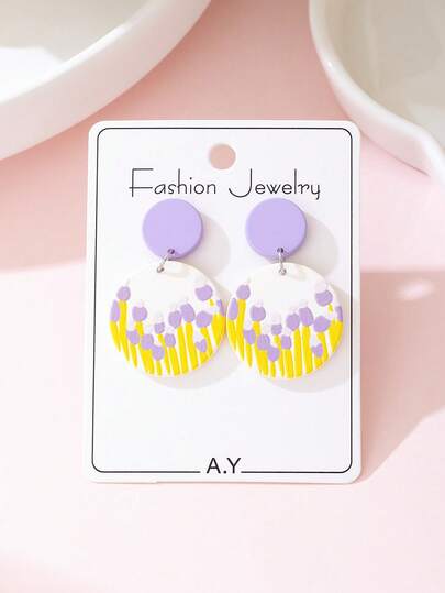 1 Pair Acrylic Painted Purple Flower Design Earrings, Fashionable For Women, Suitable For Daily Wear And Vacation Matching, Great Gift