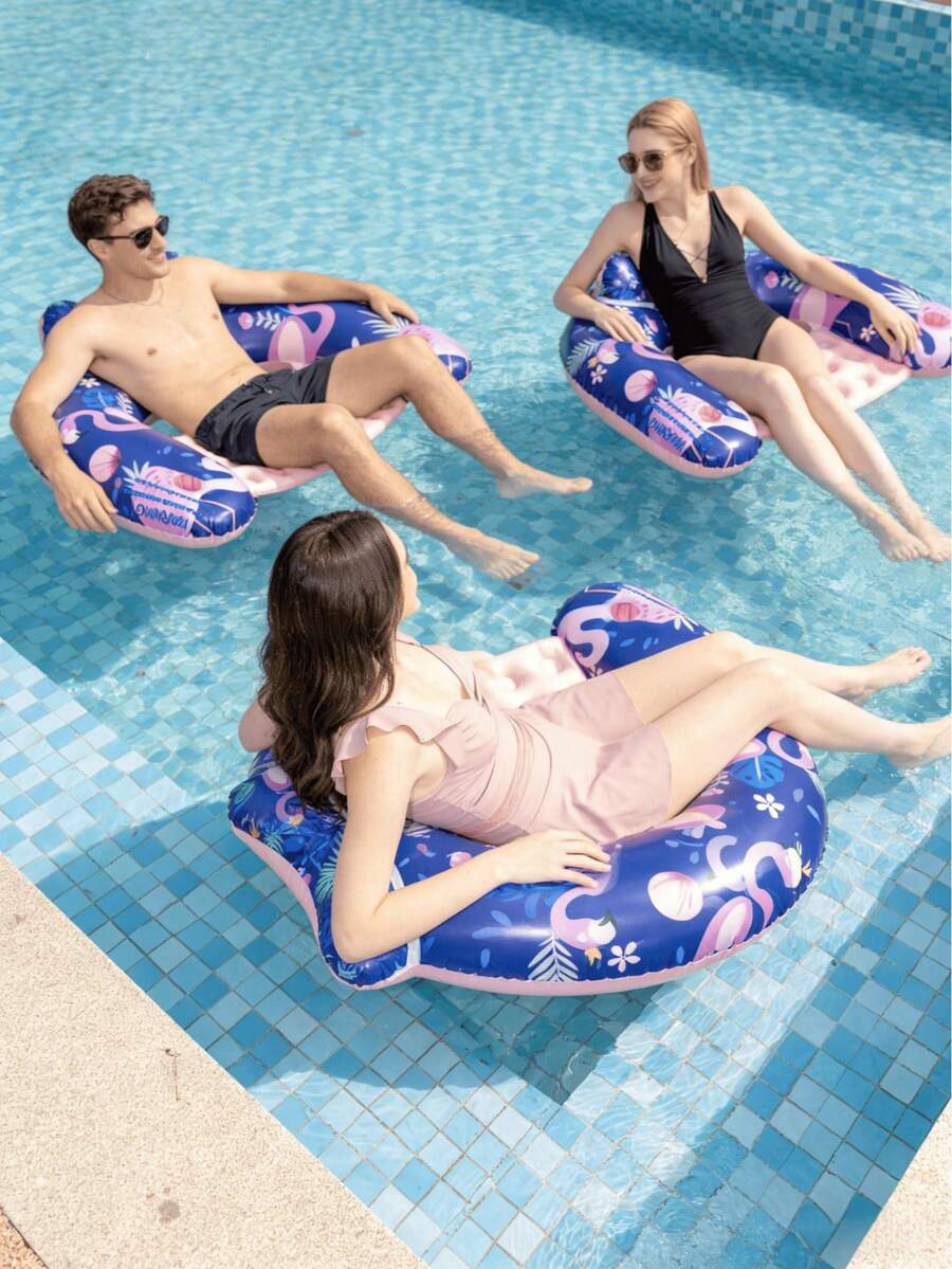 1个蓝色火烈鸟/枫叶图案充气U型成人漂浮椅，简易水上娱乐漂浮物，枫叶PVC充气漂浮物，带2个杯架的充气水上漂浮椅