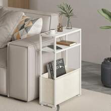 Mesa auxiliar estrecha mesas auxiliares delgadas con cesta de tela mesa delgada para espacios pequeños mesita de noche delgada para sala de estar dormitorio 1 Blanco + Marrón Camel - Blanco Camel Brown - Ver 3
