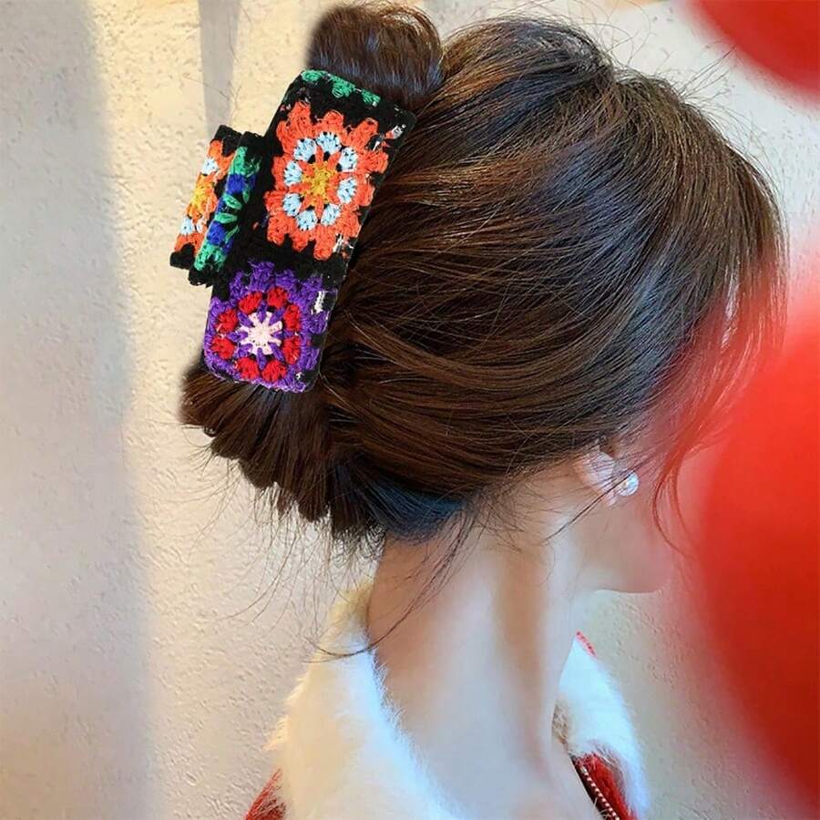 1个手工钩织草莓花印花发爪，复古甜美风格大号发爪，多功能发型配饰，适合日常/约会/拍照，夏季沙滩发饰发夹，度假旅行必备 - 彩色 - 查看 1