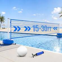 Pool Volleyball Net Set for Inground/Above Ground with Adjustable 15-30FT Length Pool Games for Adults and Family Poolside Volleyball Nets with Ball Pump Heavy Duty Poles Weighted Base - Azul y blanco - Ver 1