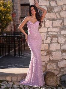 Đầm maxi đuôi cá không dây vai đính sequin thanh lịch dành cho nữ - Thiết kế dây rút và khóa kéo phía sau, họa tiết vảy 3D và thêu hoa thủ công, phù hợp cho buổi hẹn hò lãng mạn ngày Valentine, dạ hội thảm đỏ sang trọng, sự kiện thời trang, tiệc tùng và đám cưới mùa xuân. - Bụi hồng - Xem 4