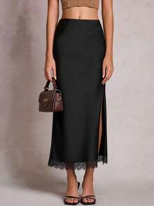 Chân váy ren satin đen thanh lịch xẻ cao, eo cao, tôn dáng, gợi cảm, thích hợp cho buổi hẹn hò lãng mạn mùa xuân. - màu đen - Xem 4