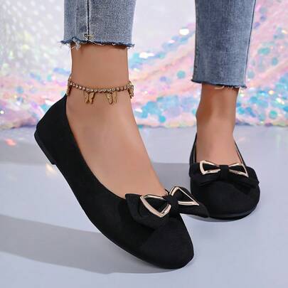 Plus Size Round Toe Shoes, French Style Bow Slip-On Casual Loafers, Versatile Spring Shoes For Women