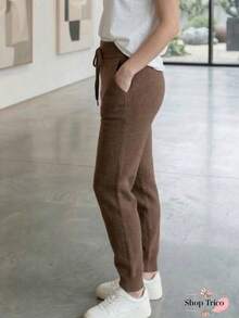 Women's Knit Pants With Ribbed Hem, Tie Waistband With Elastic, Knit Fabric, Autumn/Winter Fashion - 鏽棕色 - View 3