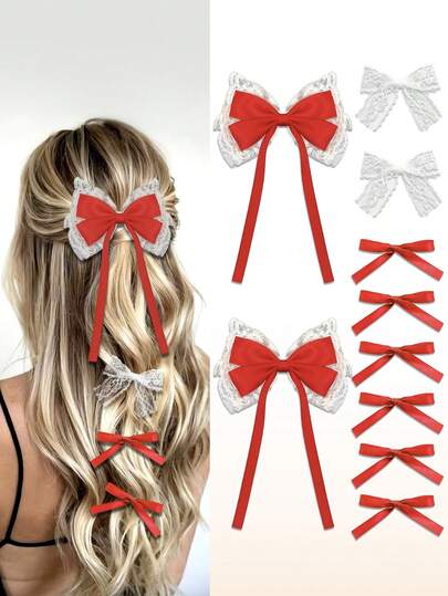 10PCS Girls Red Pink Hair Bows Clips Lace Bowknot Alligator Hair Bows Barrettes For Girls Cute Ribbon Claw Clips Accessories