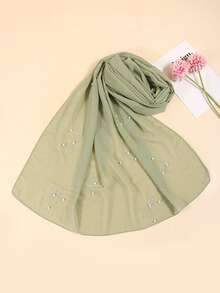 新款优雅女士围巾头巾，珍珠串珠水钻蝴蝶结雪纺披肩，轻盈透气，四季皆宜，适合派对、晚宴等场合。 - 綠色 - 查看 2