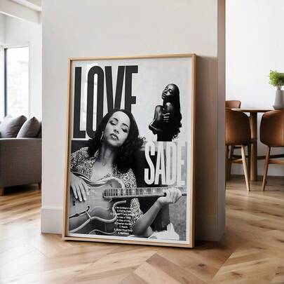1幅萨德·洛夫复古音乐墙画，黑白复古印花帆布画，爵士灵魂乐歌手海报，经典音乐爱好者适用，卧室客厅工作室礼物，可无框或有框