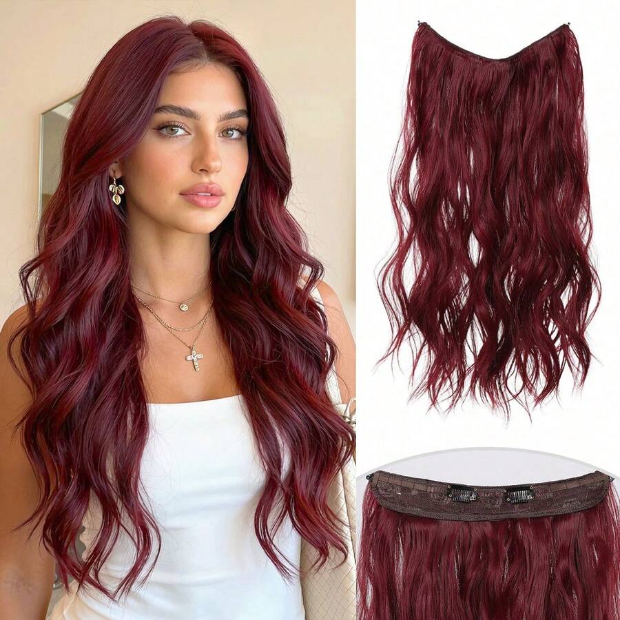 Tóc nối giả màu đỏ tía dài 24 inch, kiểu sóng tự nhiên hình chữ V, vô hình, phù hợp cho đi làm hàng ngày và dự tiệc. - Màu Đỏ Sâu - Xem 1