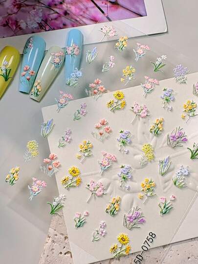 1Sheets 5D Embossed Floral Nail Stickers,Spring Summer Self-Adhesive Colorful Wildflower Daisy Lavender Nail Art Decals For Wedding Party Vacation Daily Wear, Waterproof 5D Printed Nail Art Supplies For Acrylic & Gel Nails
