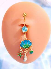 1 pieza Anillo de ombligo con diseño de concha azul, estrella de mar y caracol, de moda, exquisito, sexy y único, joyería de resort de playa para mujeres - Multicolor - Ver 6