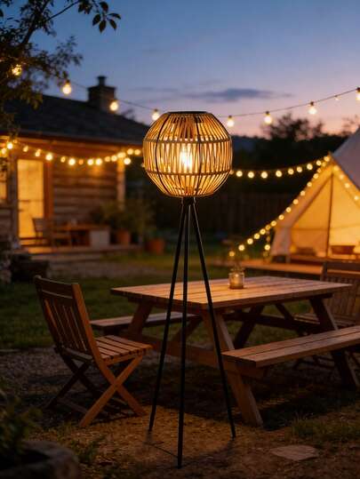 1pc Solar-Powered Rattan Floor Lamp. This Metal-Free Plastic Rattan Solar Lamp Features A Woven Rattan Texture And Emits A Warm Glow. Suitable For Patios, Paths, Porches, And Gardens. It's Also A Solar-Powered Garden Lamp That Automatically Lights Up At Dusk.