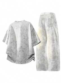Men's Round Neck Five-Pointed Star Pattern Mid-Sleeve T-Shirt And Drawstring Waist Wide-Leg Pants Casual Daily Suit - Light Grey - View 3