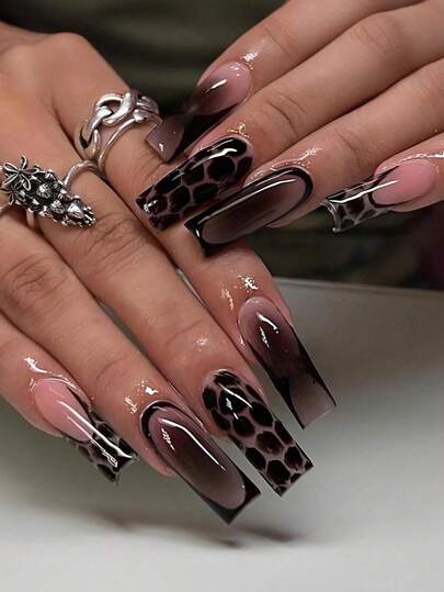 24pcs/Set Tie Dye Leopard Print Gradient French Press-On Nails, Y2K Dark Style, Suitable For Girls And Women For Daily, Outdoor, Date, Daily Life And Party, Includes 1pc Jelly Gel And 1pc Nail File