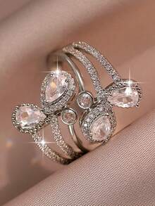 1pc Elegant Water Drop&Round Sparkle Openable Rings Fashion Cubic Zirconia Bohemian Women Ring For Bride Engagement Birthday Holiday, Travel For Mother's Day Copper Jewelry - Water Droplets - View 12