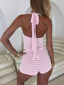 2pcs Knit Stripes Colorblock Resin Decor Hollow Neck Top & Shorts Beachwear Set Summer - Yellow - View 9