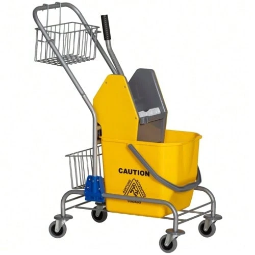 Cleaning Bucket, Mop Bucket, On Wheels, Plastic, Metal Handle, Yellow - View 1