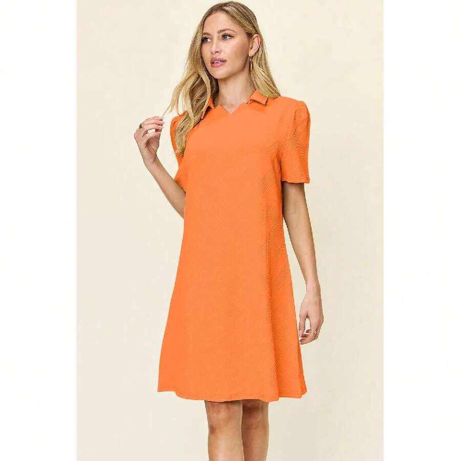 Double Take Full Size Texture Collared Neck Short Sleeve Dress - Màu Cam san hô - Xem 1