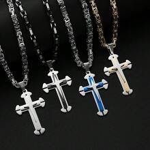 Minimalist Gold & Silver 3-Layer Cross Pendant Necklace, Stainless Steel Chain, Fashionable Versatile Charm Jewelry, Party Accessory Gift - Necklace - View 6