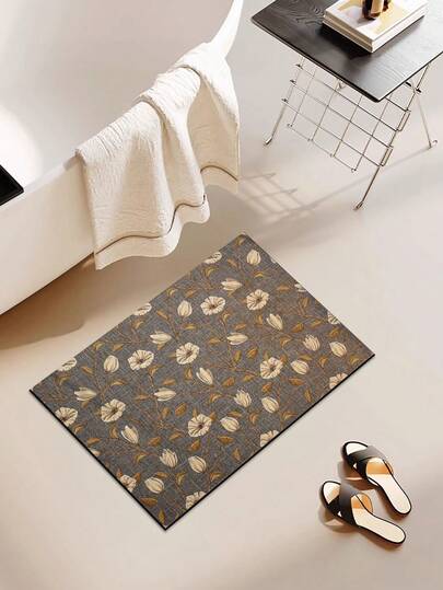 1 件棕色花卉图案浴室地垫，简约清新设计，橡胶防滑底，吸水防污，家居装饰，厨房地毯，适用于浴室、厨房和玄关。