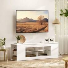 140cm TV Stand, TV Unit, 6 Compartments, 2 Glass Shelves, Particle Board, White - White - View 4