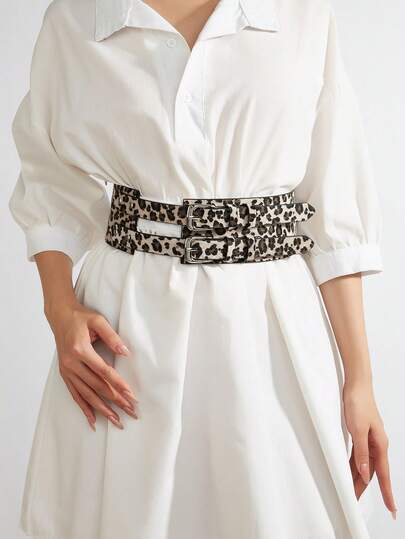 1pc Women's Waist Belt, Leopard Print PU (Polyurethane) Renaissance Market Dress Accessory, Suitable For Curvy Figures, Black