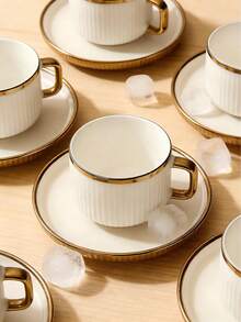 6件套/1套白色陶瓷罗纹咖啡杯碟套装，金色镶边迷你浓缩咖啡杯，带弧形把手，容量90毫升/3.0盎司，复古竖条纹碟子，适合盛装拿铁和卡布奇诺，是早午餐、婚礼礼物、家居装饰、咖啡爱好者礼物、意式浓缩咖啡的理想之选。 - 彩色 - 查看 3