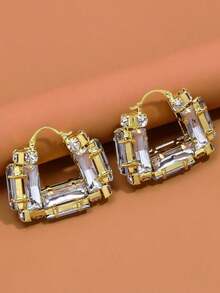 1 Pair Oversized Square CZ Crystal Hoop Earrings, Sparkling Geometric Statement Jewelry Earrings For Women, Wedding Party Gift - Gold - View 3