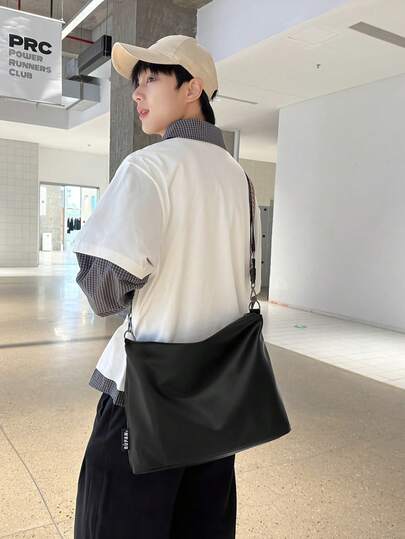 1pc Minimalist PU Shoulder Bag, Large Capacity One Shoulder Bag, Peach Tree Unisex Crossbody Bag, Solid Color Casual Messenger Bag, Men's Gift