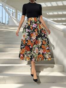 春夏新款复古活力花卉图案喇叭裙，优雅的下午茶花园装扮或都市约会装扮，修身百搭的女士度假裙装，黑色 - 黑色 - 查看 2