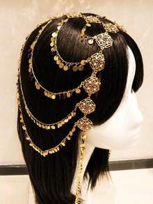 1pc Fashionable & Elegant Gold Hoop Tassel Headchain, Bohemian Dubai Hollow Flower Red Gemstone Decor Hair Accessory, Suitable For Women's Party & Festival Wear, Middle Eastern Style, Bride To Be, Hair Accessories For Women - 金色 - 查看 2