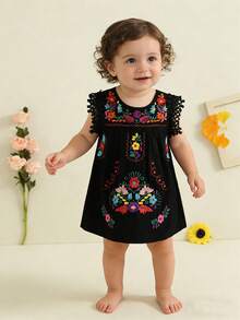 Toddler Baby Infant Girls Summer Cotton Linen Boho Dress Floral Embroidery Square Neck Lace Ruffle Fly Sleeve Sleeveless Summer Beach Sundress Vacation Bohemian Dress A-Line Dress - 黑色 - 查看 2