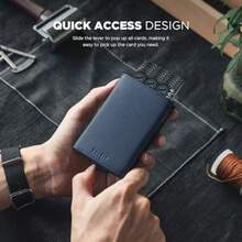 VULKIT - Cartera para hombre de piel auténtica de Litchi tarjetero desplegable con bloqueo RFID con compartimento para billetes y ventana de identificación Litchi-azul marino litchi genuine - Litchiazul marino - Ver 3