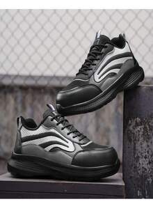 Men's Steel Toe Safety Shoes | Anti-Smash Anti-Puncture Slip Resistant Work Sneakers | Durable Industrial Construction Shoes - Black and Gray - View 5