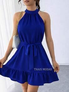 Vestido Feminino Curto Duna com Cinto Amarração Caimento Soltinho Gola Halter - Azul - Visão 2