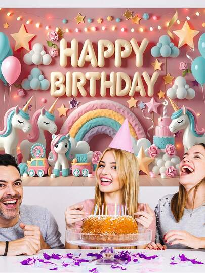 1 tấm phông nền sinh nhật chủ đề bóng bay kỳ lân nhiều màu sắc, chất liệu polyester bền, in hình, trang trí tiệc trong nhà và ngoài trời, không cần nguồn điện, 100% polyester, thích hợp cho lối vào, phòng, vườn.