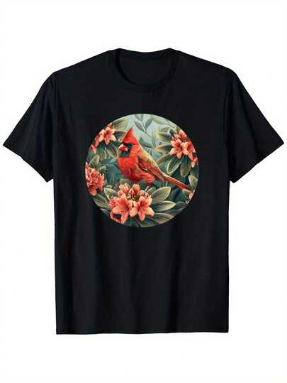 Cardenal sobre flor de rododendro - Camiseta con estampado de pájaro y flor de Virginia Occidental, talla 180G, tejido de punto informal para todo el año, ligero y cómodo, ideal para salidas, relajación, reuniones, deportes y regalos navideños.