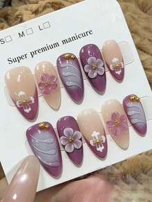10 móng tay giả thủ công nguyên chất, móng dài hình hạnh nhân, màu tím, kiểu dáng nữ tính nhẹ nhàng, hiệu ứng chuyển màu tím 3D với hoa 3D dễ thương và điểm nhấn bi thép vàng, móng tay giả mộng mơ và lãng mạn dành cho phụ nữ và bé gái, thích hợp cho các lễ hội mùa xuân, hè, thu, đông và sử dụng hàng ngày. - Màu tím - Xem 2