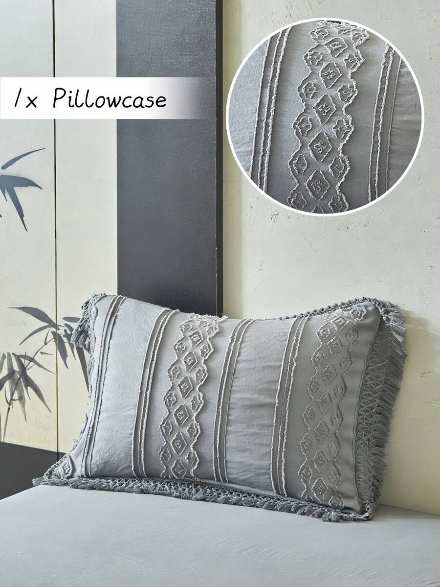 1pc Bohemian Style Gray Geometric Striped Pattern Tufted Pillowcase With Tassel, Vintage Farmhouse Decor Polyester Decorative Throw Pillow Cover, Suitable For All Seasons, Machine Washable, Pillow Insert Not Included - Dark Grey - View 1