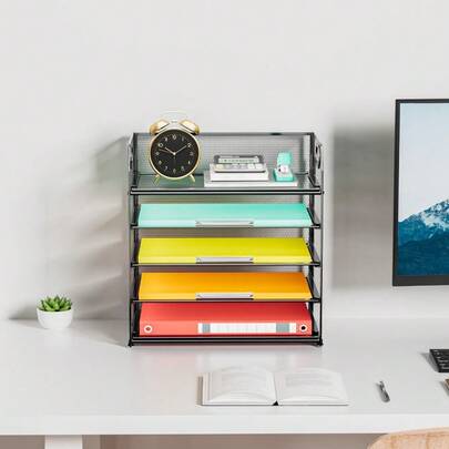5-Tier Stackable Paper Organizer With Handle, Black Metal Mesh Tray For Office, Home & Classroom, Saves Desk Space