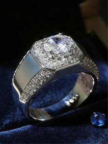 Nhẫn nam cá nhân hóa phong cách thường ngày, đính đá Cubic Zirconia, thích hợp đeo hàng ngày và dự tiệc. - Bạc - Xem 6