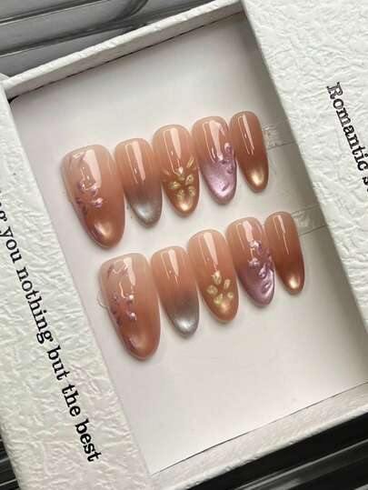 10 móng tay giả thủ công hình oval, móng acrylic dán cỡ trung bình, móng hồng tối giản hiệu ứng chuyển màu, móng mắt mèo kiểu Pháp nổi bật, móng hoa đơn giản vẽ tay, móng tay thủ công sang trọng thanh lịch, móng tay mùa thu, móng dán mùa thu, móng dễ thương, móng đa năng tự làm nghệ thuật móng giả, sử dụng hàng ngày, dự tiệc và hẹn hò, phù hợp cho kỳ nghỉ biển, nhiệt đới, có thể tái sử dụng, làm quà tặng cho phụ nữ và bé gái.