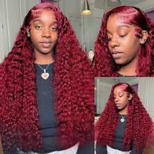 Perruques Lace Front Wigs Deep Wave 99J Bordeaux 13x6, cheveux humains, HD 13x6, densité 200 %, cheveux brésiliens vierges, pré-épilés avec cheveux de bébé. - 99j - Voir 9