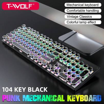 T75 Mechanical Keyboard, Backlit 104-Key Wired Gaming Keyboard With Blue Switches, RGB Lighting, Suitable For Games Like