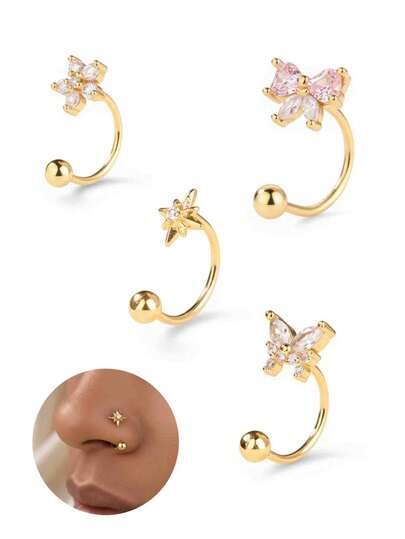 1 pieza/4 piezas Aro de nariz falso sin perforación con CZ - Clip de mariposa en forma de corazón para la nariz, joyería de nariz de oro y plata para mujeres