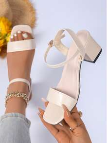 Meng Jie Women's Square Toe Block Heel Sandals, Single Strap Ankle Buckle Open Toe Heeled Sandals, Solid Beige Lightweight Shoes For Party Dating - Beige - View 3