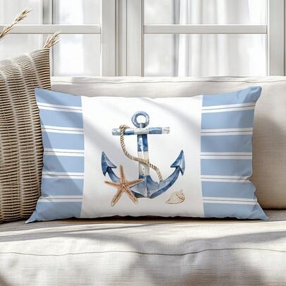 1 pieza Funda de cojín con estampado de ancla de rayas azules de estilo minimalista de verano, material de terciopelo melocotón impreso por un solo lado, tamaño 30*50cm/40*60cm, adecuado para sofá minimalista moderno, decoración de sala de estar, decoración de fiesta, regalo