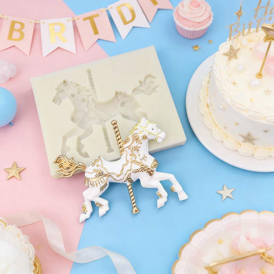 1pc Beige Creative Carousel Shaped Silicone Mold, Birthday Scene Trojan Candle Decoration, Suitable For The Production Of Resin And Dropper Polymer Clay, With Simple Demolding And Reusable Silicone Mold. Non-Food Contact - Beige Carousel - View 1