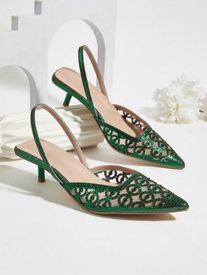 Women's Rhinestone Decor Kitten Heel, Pointed Toe Hollow Slip-On Sandals, Fashionable Elegant Party And Formal Low Heel Shoes