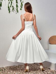 Elegant White Mid-Length Spaghetti Strap Ruffle Back Sleeveless Dress, Casual Bohemian Style For Summer - White - View 2